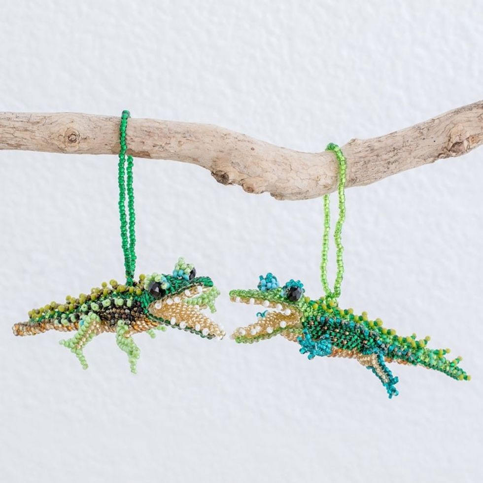 Green Glass Beaded Crocodile Ornaments from Guatemala Pair 'Green Crocodiles'