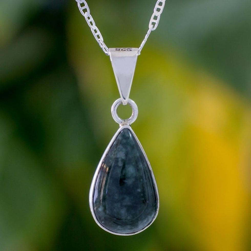 Green Jade Teardrop Pendant Necklace from Guatemala 'Falling Drop'