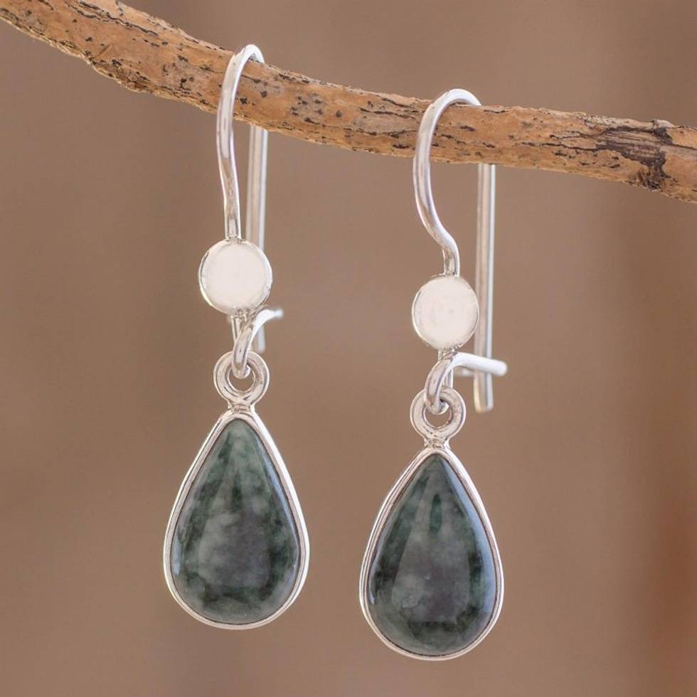 Drop-Shaped Jade Dangle Earrings in Dark Green 'Dark Green Tears'
