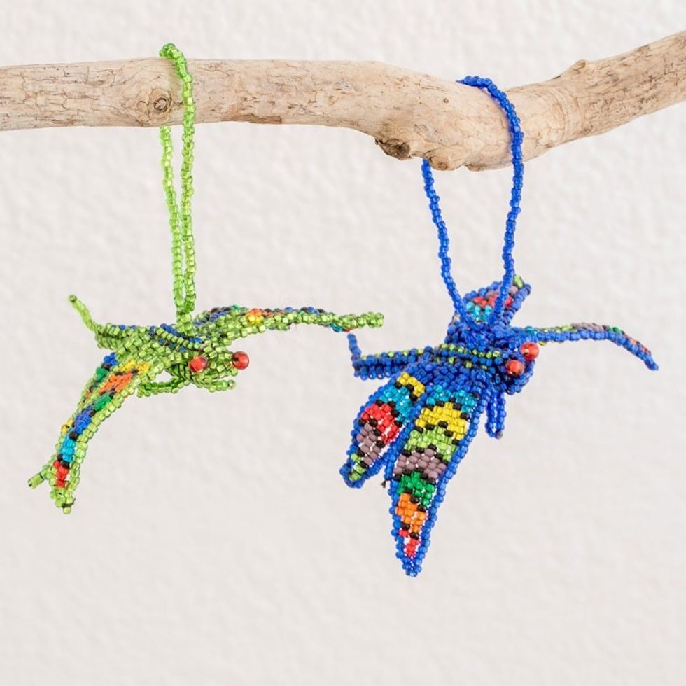 Hand-Beaded Glass Dragonfly Ornaments from Guatemala Pair 'Free Flight'