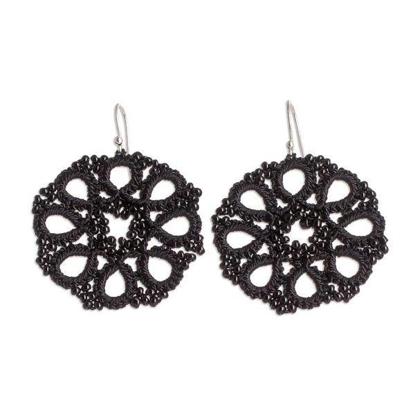 Alternate image for Black Hand-Tatted Dangle Earrings with Glass Beads Sinuous Elegance