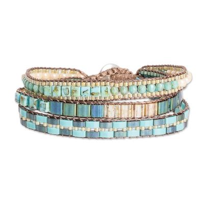 Alternate image for Handmade Turquoise and Green Glass Beaded Wristband Bracelet Guatemalas Breeze