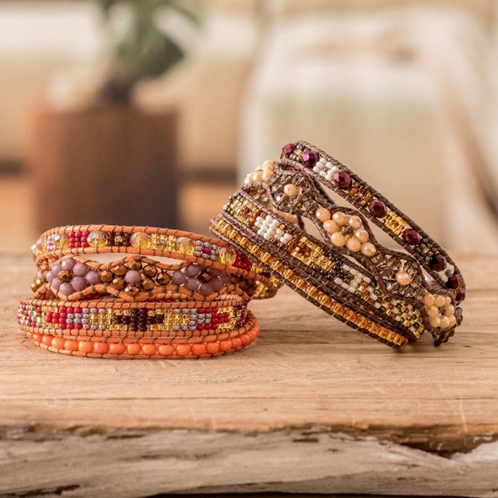 Two Handcrafted Beaded Positive Energy Long Wrap Bracelets 'Protection and Abundance'