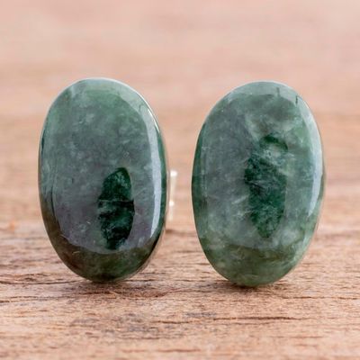Alternate image for Dark Green Jade Oval Button Earrings from Guatemala Oval Simplicity in Dark Green