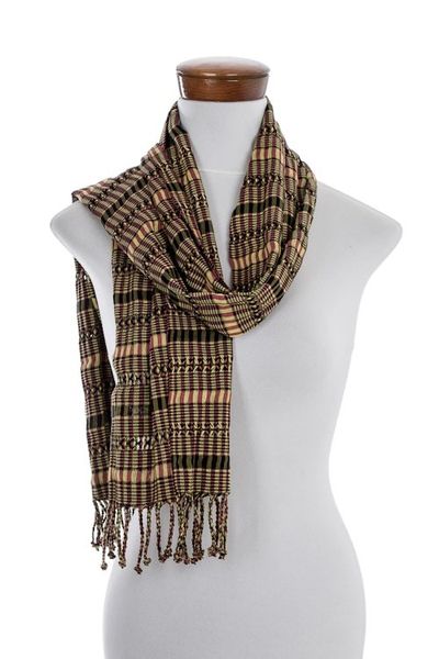 Alternate image for Green-Yellow-Peach Handwoven Cotton Scarf from Guatemala Sunny Forest Rose