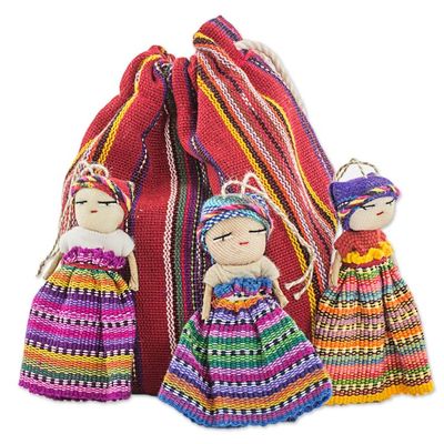 Alternate image for Hand Made Cotton Figurines and Bag Set of 12 Guatemala Worry Doll Dancers