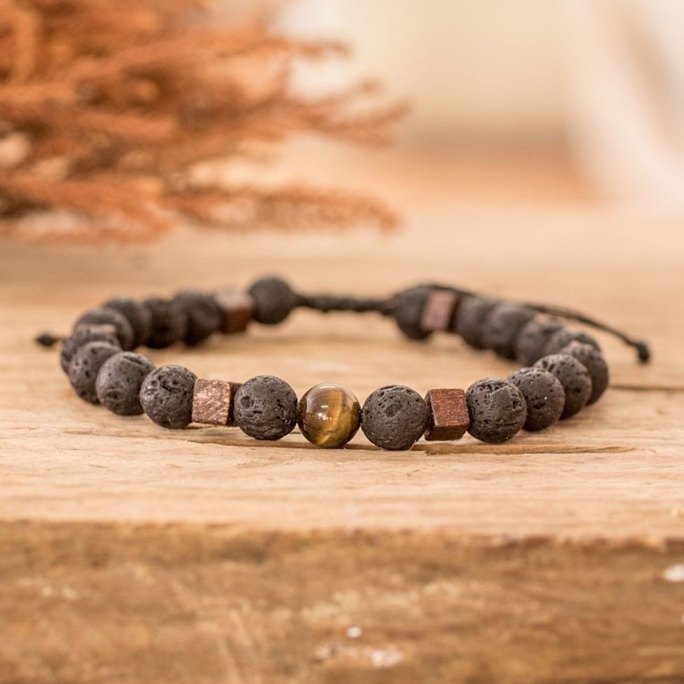 Men's Volcanic Stone Beaded Bracelet with Tiger's Eye Jewel 'Inner Warrior'