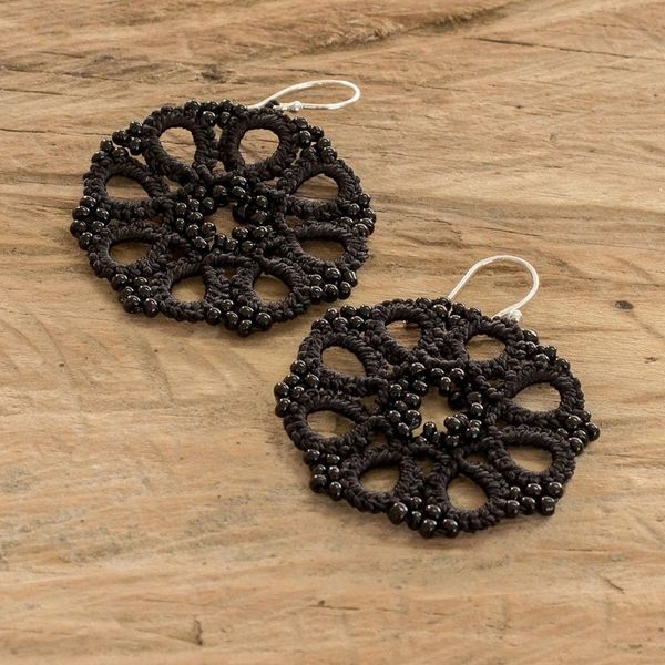 Alternate image for Black Hand-Tatted Dangle Earrings with Glass Beads Sinuous Elegance