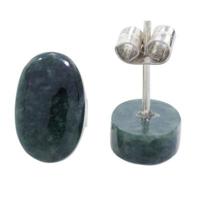 Alternate image for Dark Green Jade Oval Button Earrings from Guatemala Oval Simplicity in Dark Green
