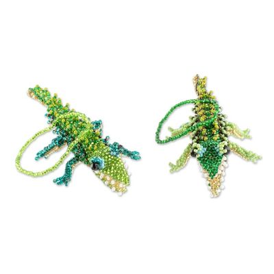 Alternate image for Green Glass Beaded Crocodile Ornaments from Guatemala Pair Green Crocodiles
