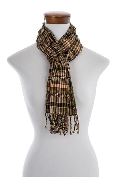 Alternate image for Green-Yellow-Peach Handwoven Cotton Scarf from Guatemala Sunny Forest Rose