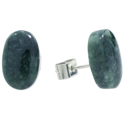 Alternate image for Dark Green Jade Oval Button Earrings from Guatemala Oval Simplicity in Dark Green