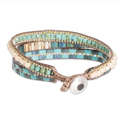 Alternate image for Handmade Turquoise and Green Glass Beaded Wristband Bracelet Guatemalas Breeze