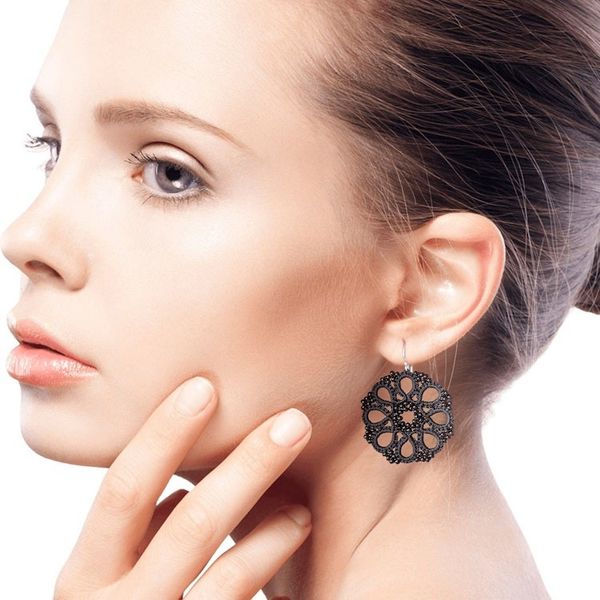 Alternate image for Black Hand-Tatted Dangle Earrings with Glass Beads Sinuous Elegance