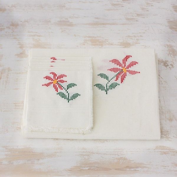 Alternate image for White Floral Cotton Table Linen Set from Guatemala Poinsettia Grace