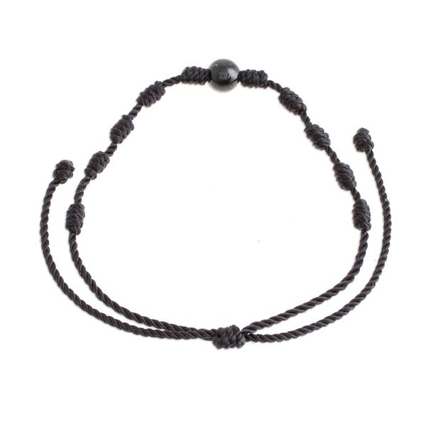Alternate image for Black Jade and Nylon Knotted Cord Adjustable Bracelet Bold Texture in Black