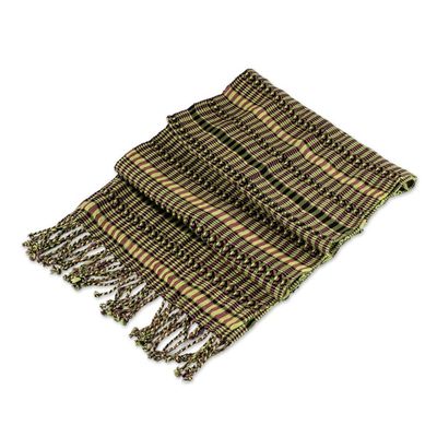 Alternate image for Green-Yellow-Peach Handwoven Cotton Scarf from Guatemala Sunny Forest Rose