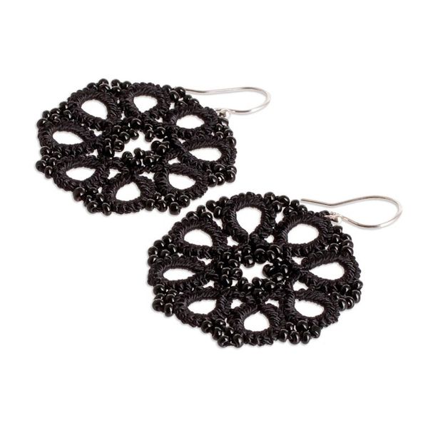 Alternate image for Black Hand-Tatted Dangle Earrings with Glass Beads Sinuous Elegance