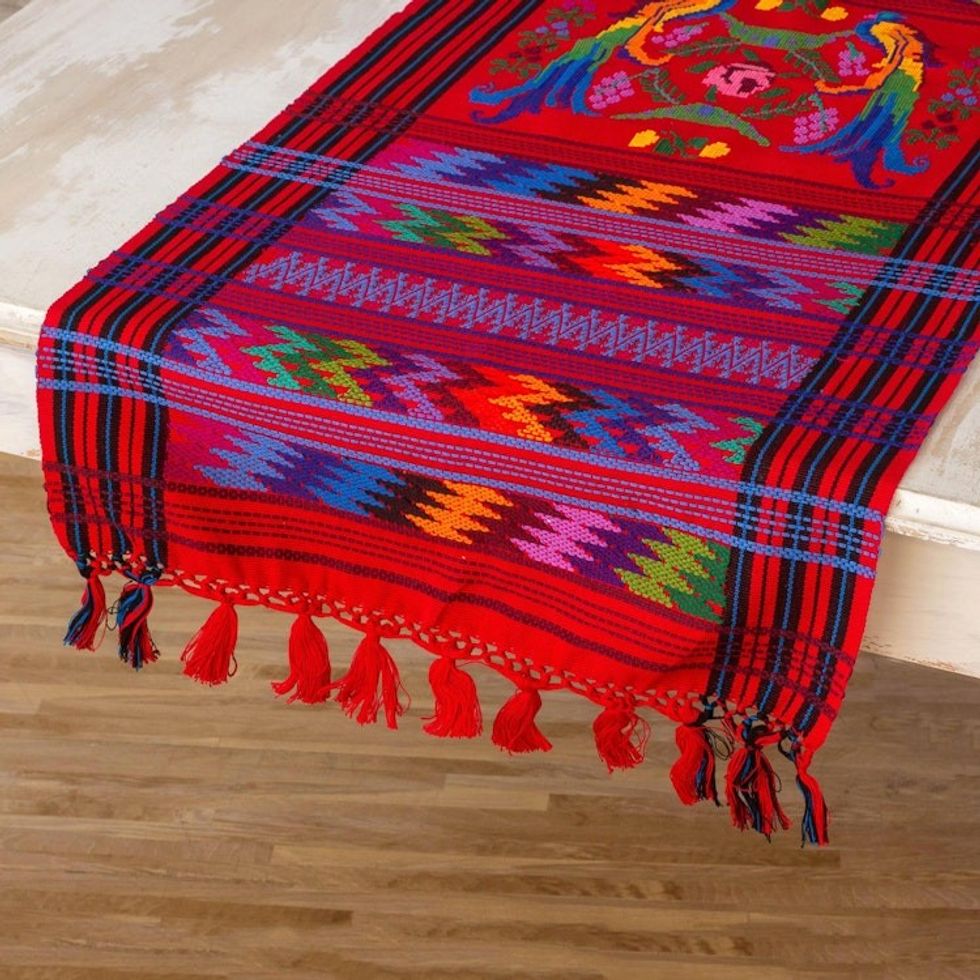 Guatemalan Handwoven Bird Table Runner 'Ruby Quetzal'