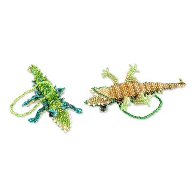 Alternate image for Green Glass Beaded Crocodile Ornaments from Guatemala Pair Green Crocodiles