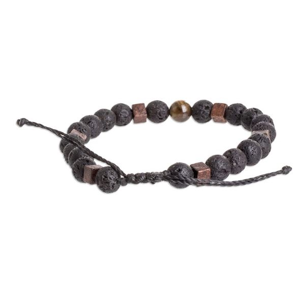 Alternate image for Mens Volcanic Stone Beaded Bracelet with Tigers Eye Jewel Inner Warrior