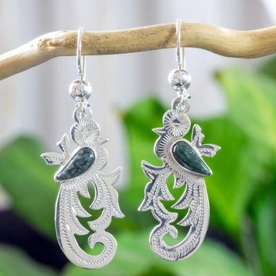 Alternate image for Dark Green Jade on Handmade Sterling Silver Bird Earrings Forest Quetzal