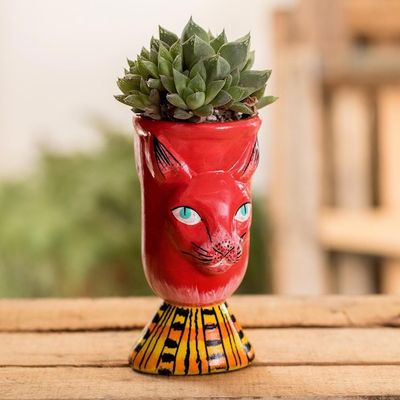 Alternate image for Handmade Cat Motif Planter Top Cat in Red