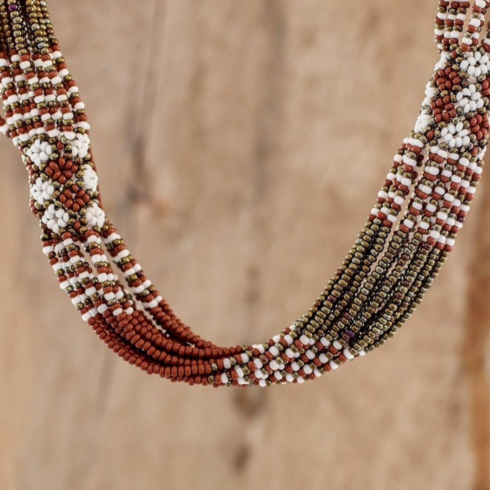 Glass Beaded Torsade Necklace in Terracotta and Bronze 'Terracotta and Bronze Harmony'