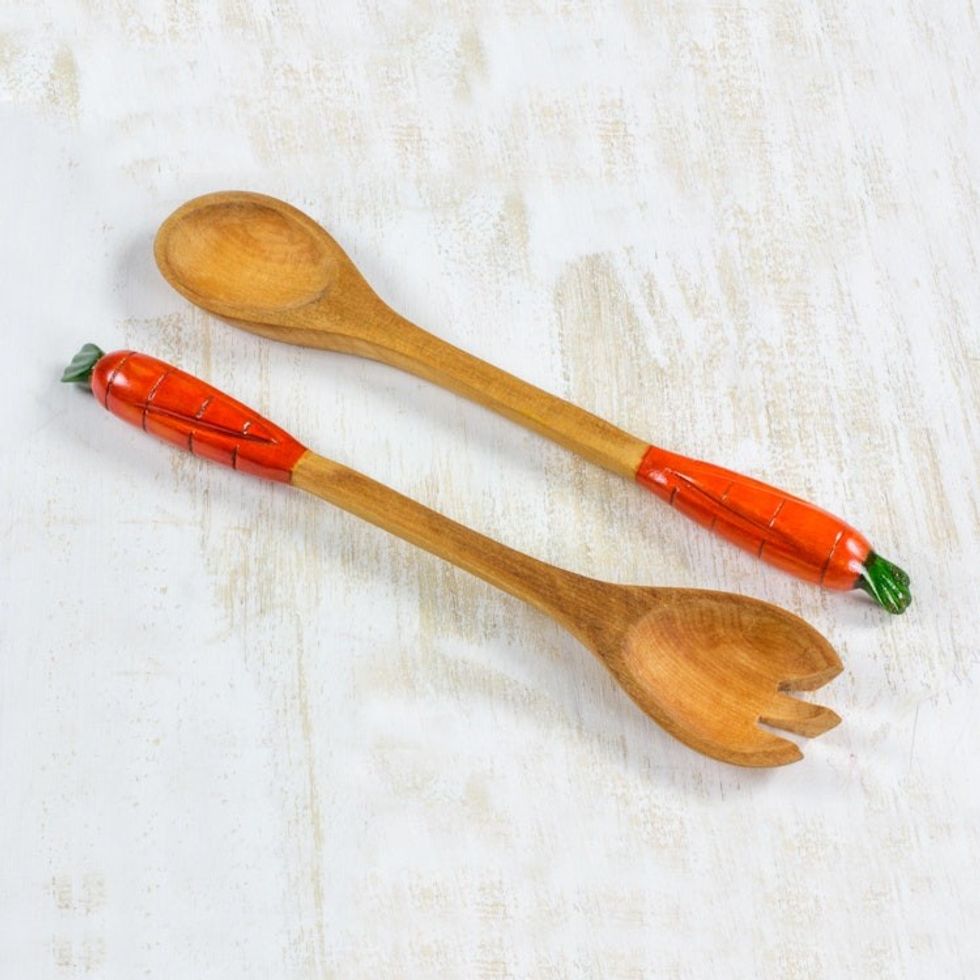 Handcrafted Wood Serving Utensils Pair 'Cute Carrots'