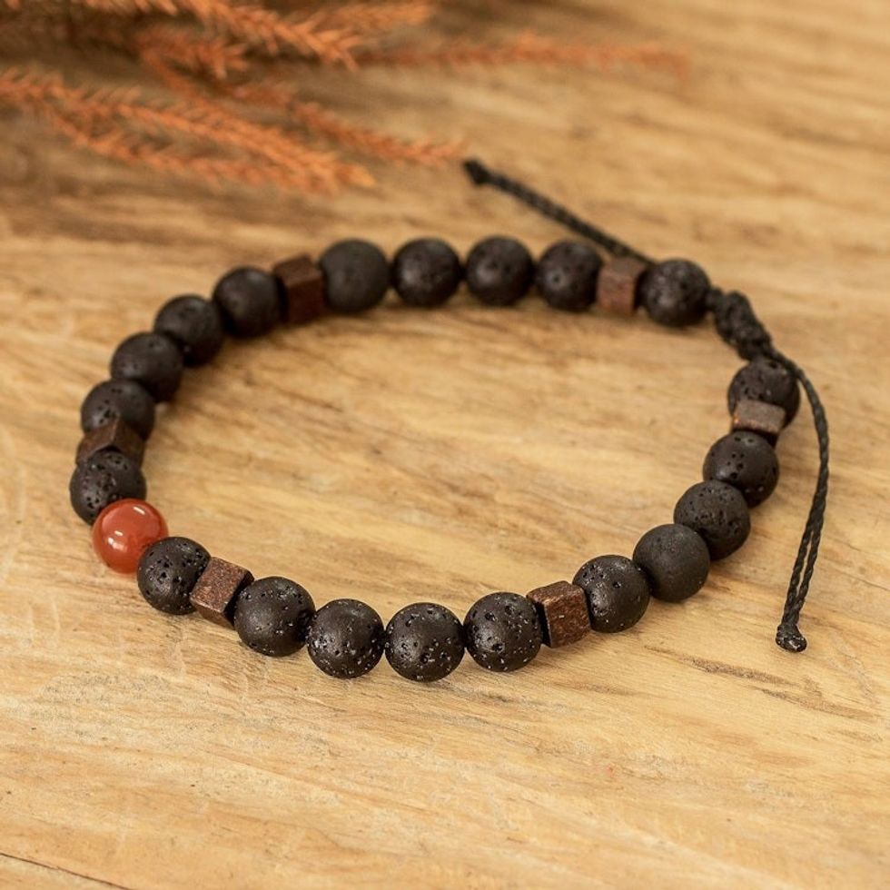 Men's Carnelian Lava Stone and Wood Beaded Diffuser Bracelet 'Absolute Vitality'