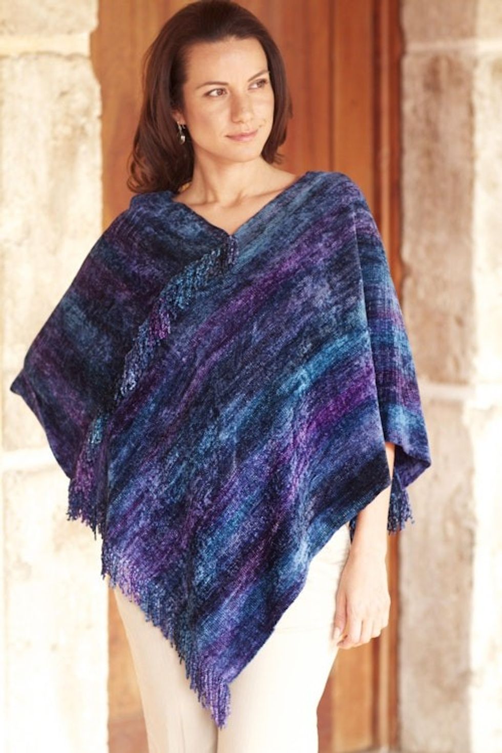 Hand Woven Cotton Blend Guatemalan Poncho 'Full Moon Night'