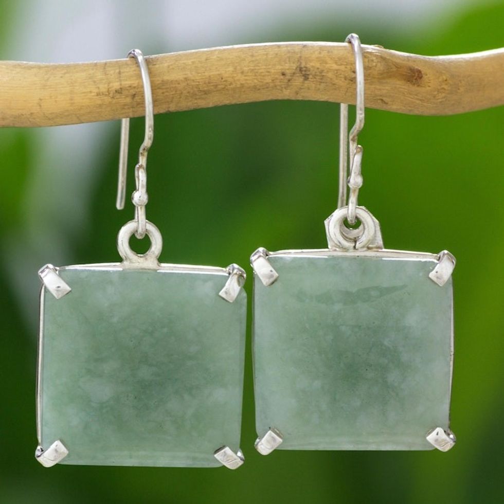 Minimalist Silver and Apple Green Jade Artisan Earrings 'Abstract Square'