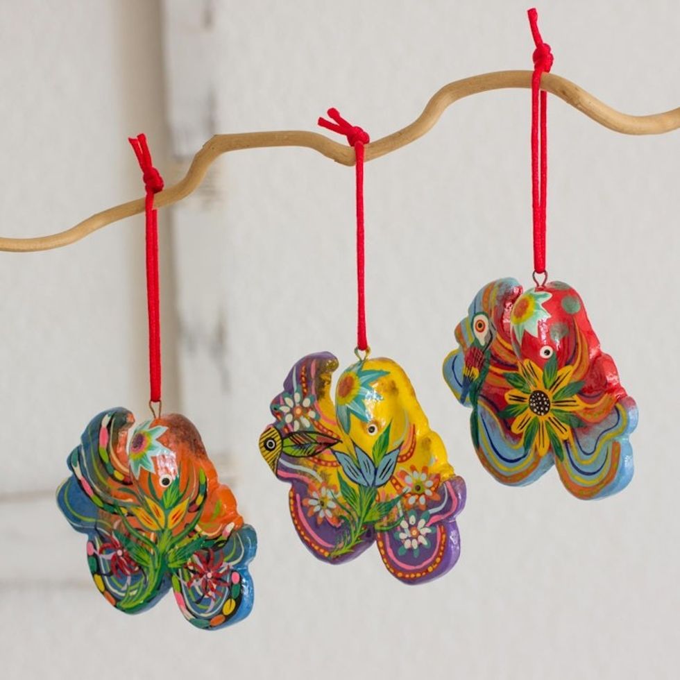 Handcrafted Ceramic Octopus Ornaments Set of 6 'Floral Octopus'