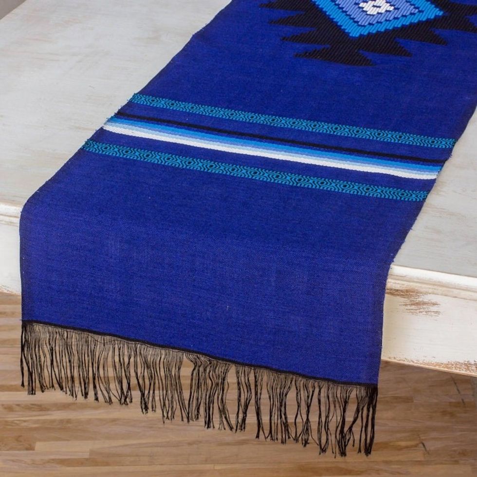 Cotton table runner 'Blue Totonicapan Sun'