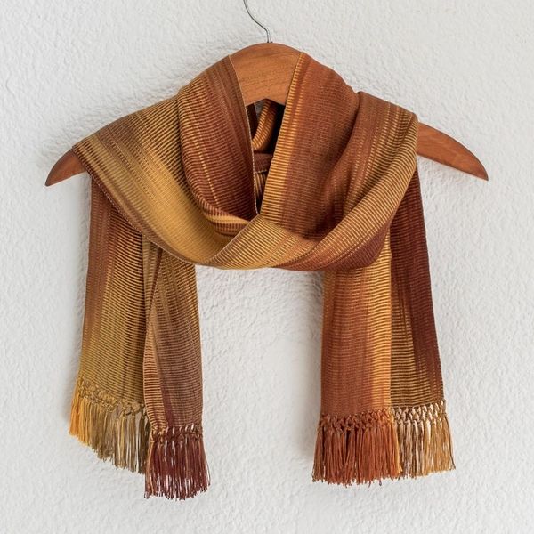 Alternate image for Ocher and Copper Hand Woven Rayon Scarf Iridescent Ocher