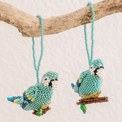 Alternate image for Glass Beaded Blue Macaw Ornaments from Guatemala Pair Blue Macaws