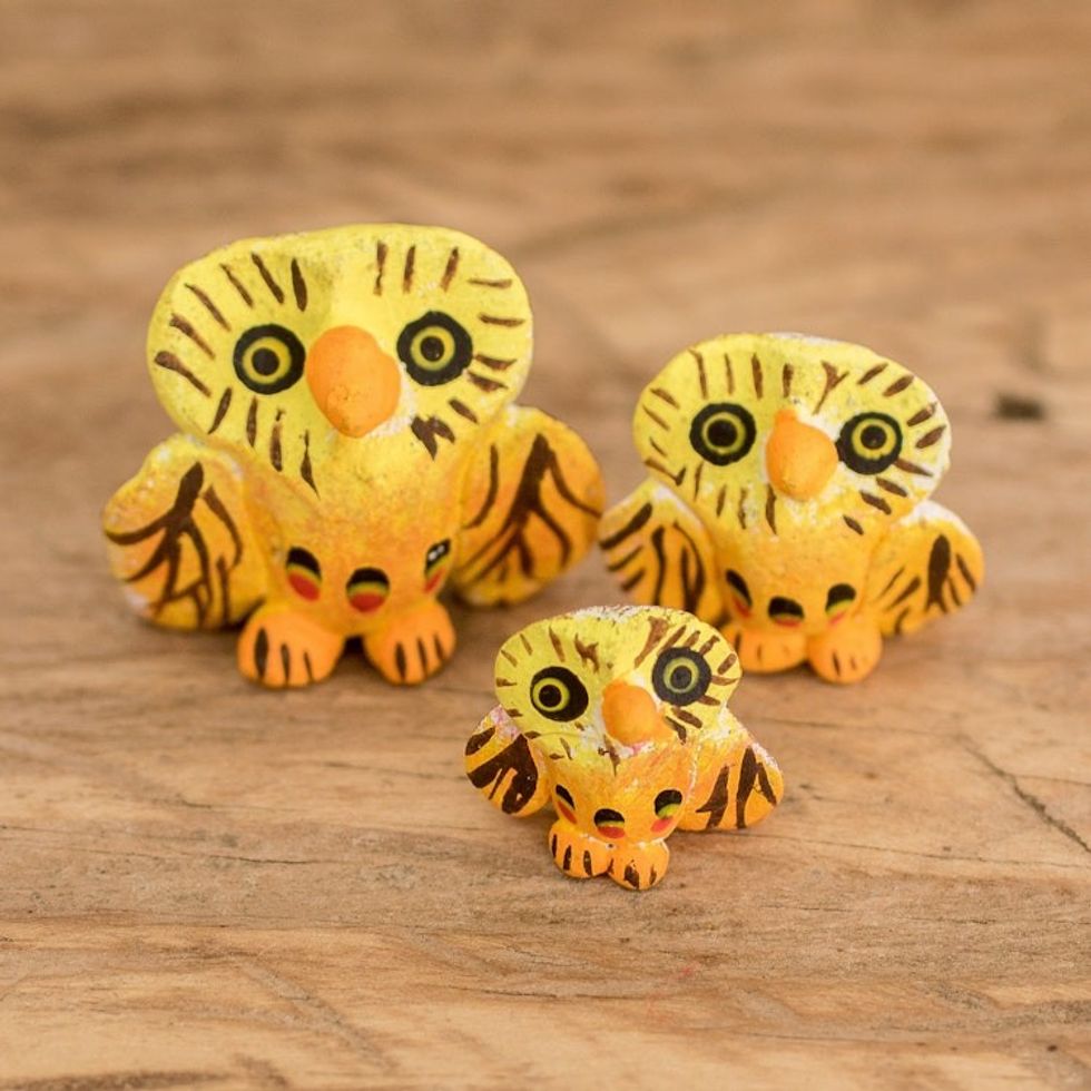 Set of 3 Handmade Owl Ceramic Figurines in Yellow and Black 'Intellectual Family'