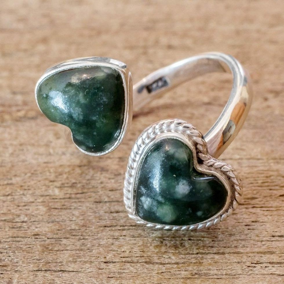 Heart-Shaped Jade Wrap Ring 'When Two Hearts Meet'