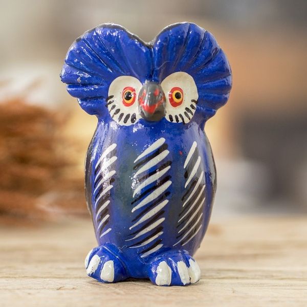 Alternate image for Ceramic Owl Figurine in Blue Hand-Painted in Guatemala Delightful Tecolote