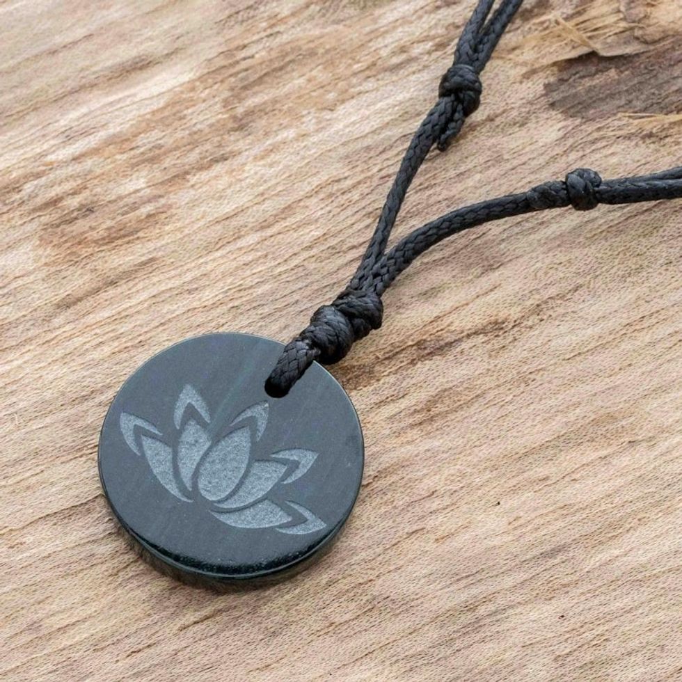 Dark Green Jade Lotus Flower Pendant Necklace from Guatemala 'Revered Lotus'