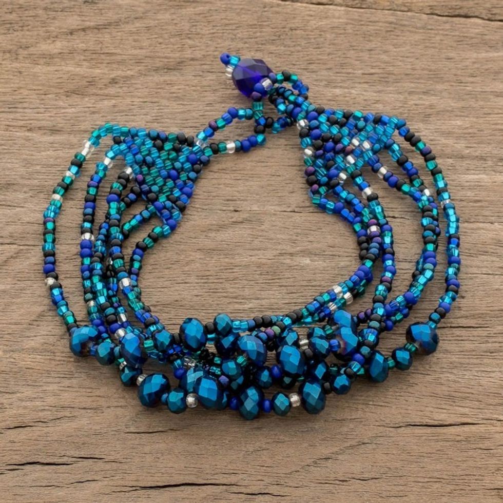 Crystal and Glass Beaded Strand Bracelet in Blue 'Nocturnal Brilliance in Blue'