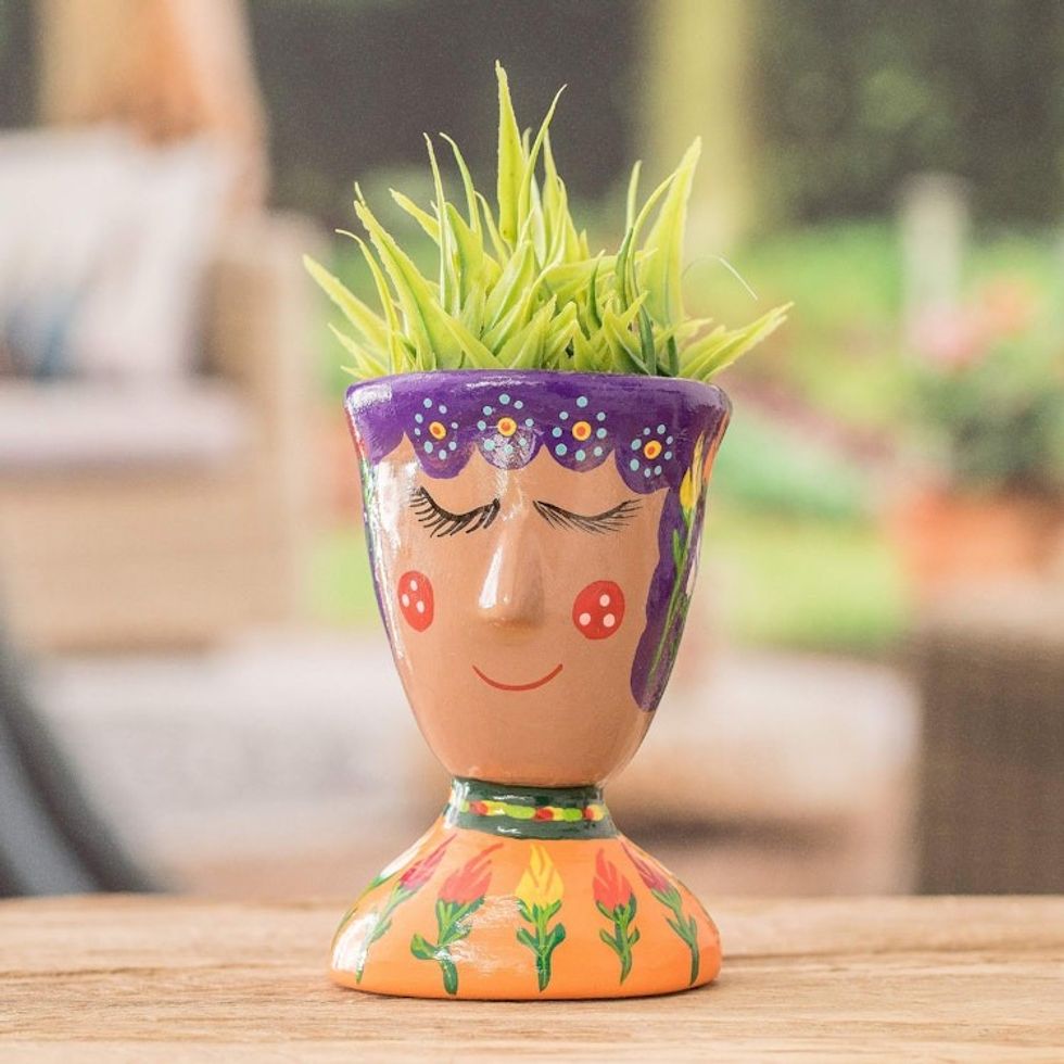 Whimsical Hand-Painted Purple and Orange Ceramic Flower Pot 'Joyful Nature'