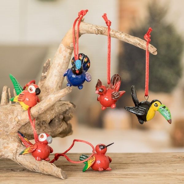 Alternate image for Handmade Ceramic Bird Christmas Ornaments Set of 6 Tropical Birds