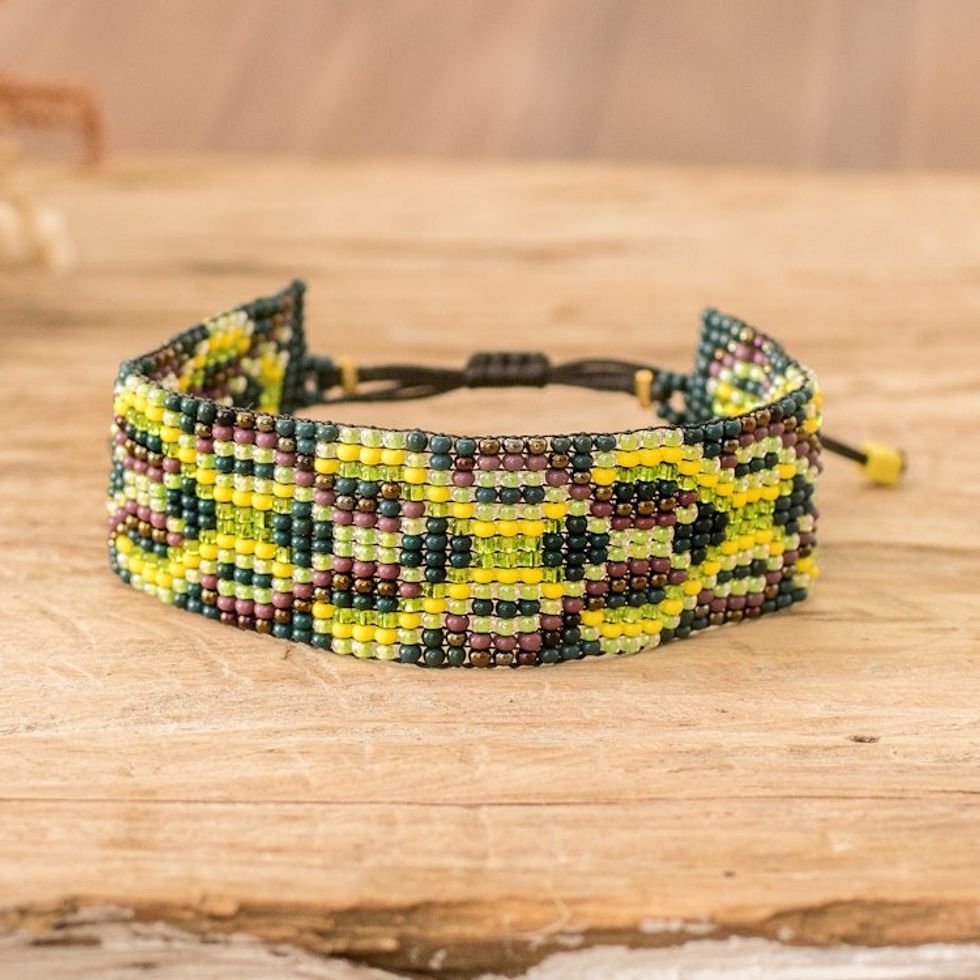 Green and Yellow Geometric Glass Beaded Wristband Bracelet 'Fortune Geometry'