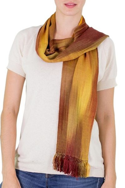 Alternate image for Ocher and Copper Hand Woven Rayon Scarf Iridescent Ocher