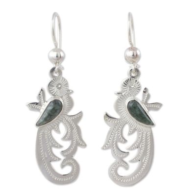 Alternate image for Dark Green Jade on Handmade Sterling Silver Bird Earrings Forest Quetzal