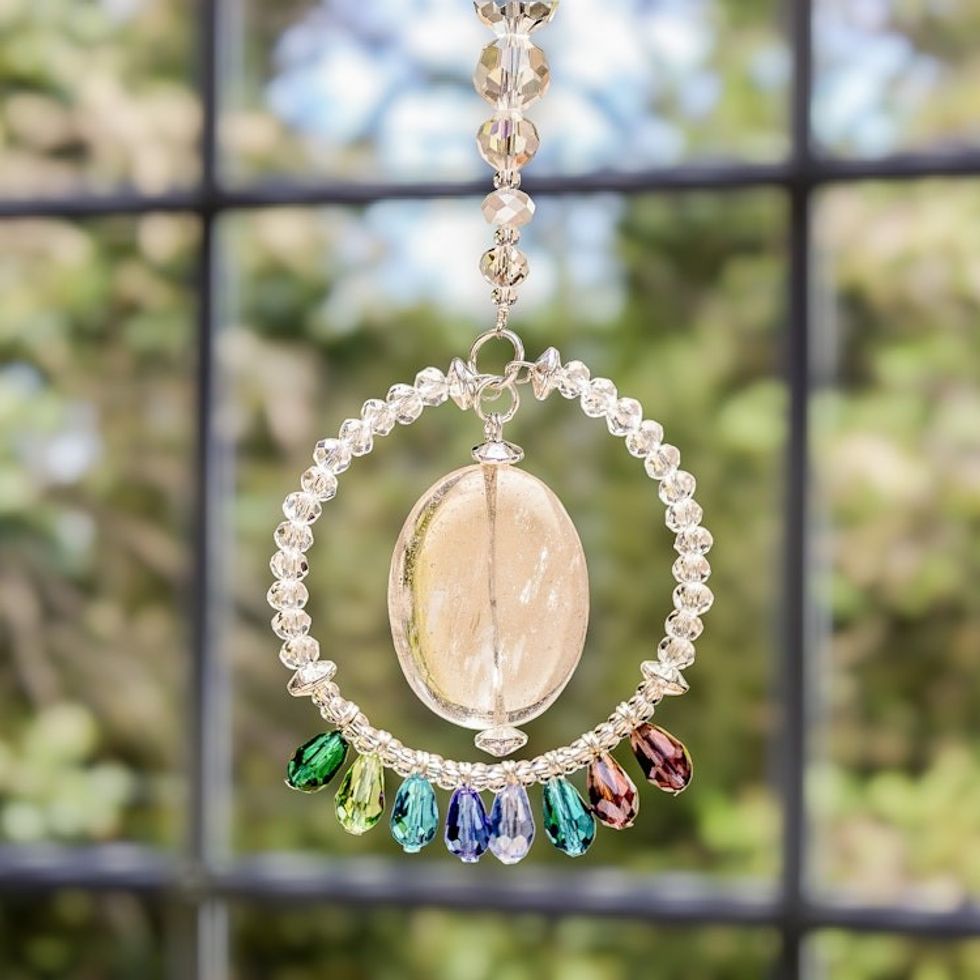 Crystal and Glass Beaded Suncatcher in Cold Shades 'Mystic Peace Ring'