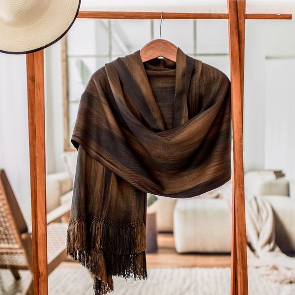 Alternate image for Rayon Shawl Hand Woven in Earth Tones Coffee