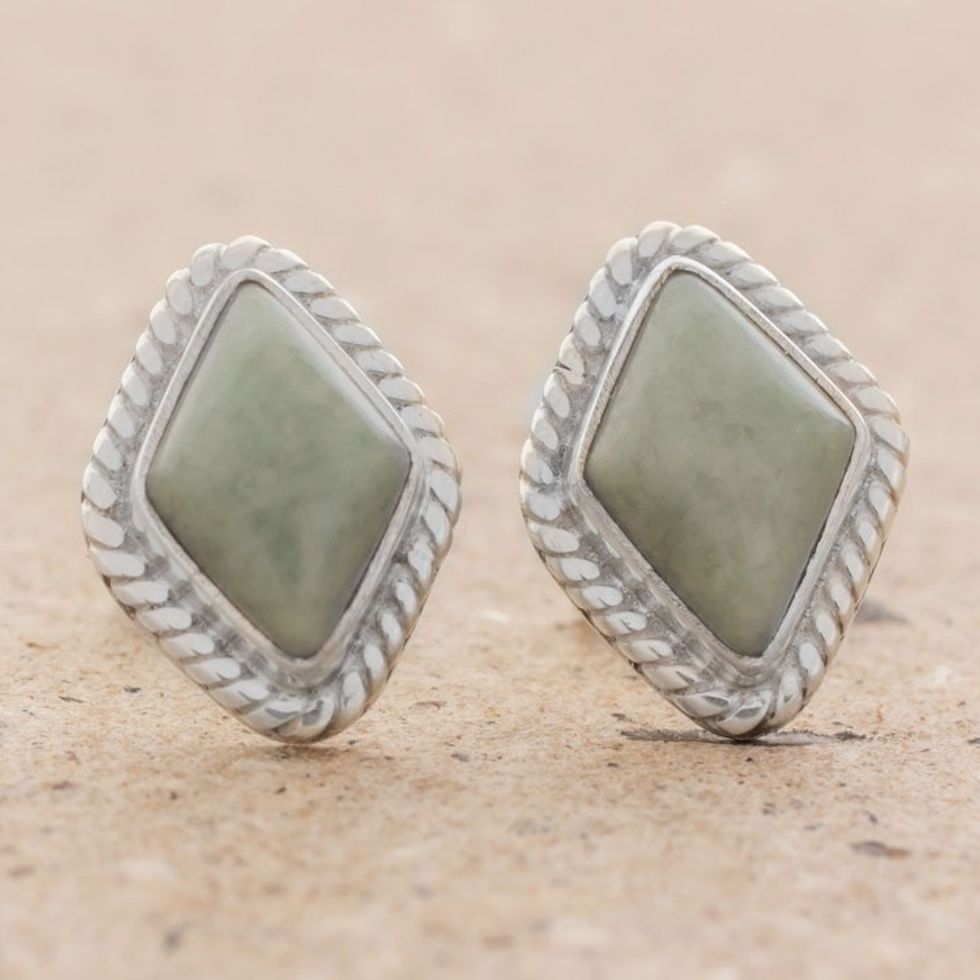 Light Green Jade Rhombus Stud Earrings from Guatemala 'Diamond Lassos'