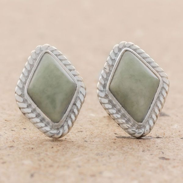 Alternate image for Light Green Jade Rhombus Stud Earrings from Guatemala Diamond Lassos
